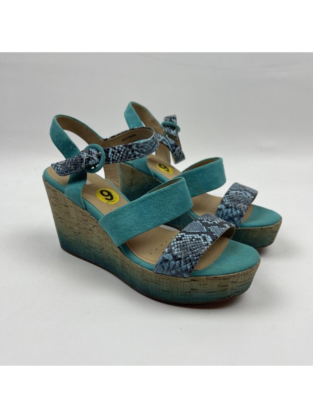 Y2K GEOX Respira Wedge Sandals Wom Sz 39 Cork Blue Snake Skin Ankle Strap Boho